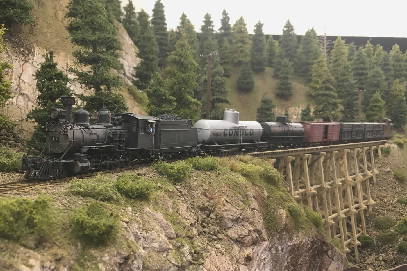 Steam locomotive 41 pulling a freight train on Joel's  Rio Grande Southern Sn3 scale model railroad layout.